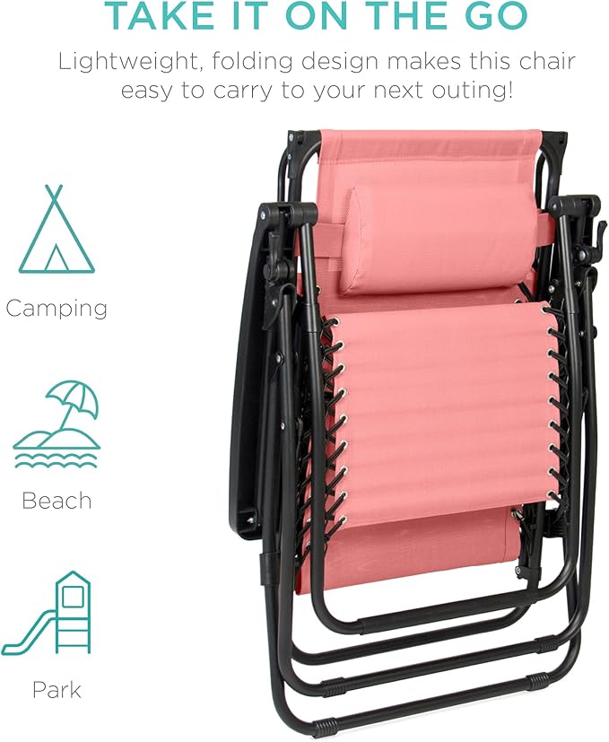 Best Choice Products Folding Zero Gravity Outdoor Recliner Patio Lounge Chair w/Adjustable Canopy Shade, Headrest, Side Accessory Tray, Textilene Mesh - Pink BestChoiceProducts