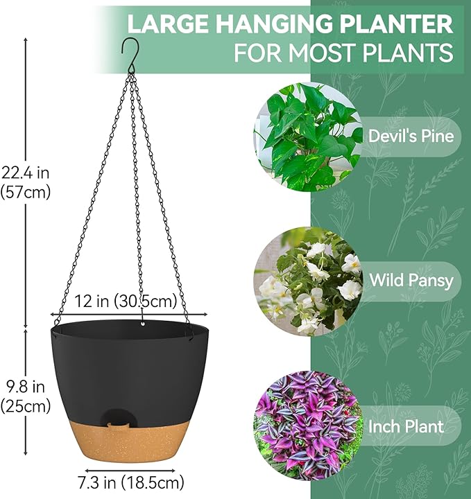 ZMTECH 12 Inch Hanging Planters for Indoor Outdoor Plants, 1 Pack Self Watering Hanging Plant Pots with Drainage Holes and Removable Saucer, Plastic Flower Hanging Pots with Watering Lip (Black) HighQualityGardeningTools