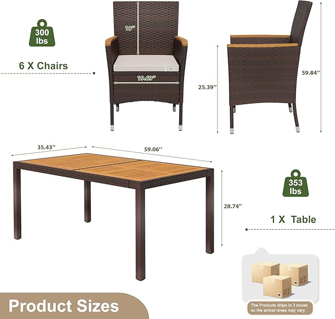 Devoko Dining 7 PCS Furniture, Patio Conversation Set with Acacia Wood Table Top, Outdoor, Beige Cushion and Brown Rattan DEVOKO