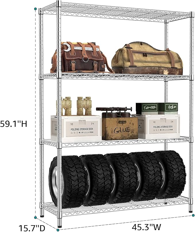 IZEUK 4-Tier Adjustable Heavy Duty Metal Wire Shelving Unit, Wide Storage Rack Organizer for Garage, Kitchen, Office, Dorm, Warehouse (Silver, 15.8" D x 45.8" W x 59.4" H, 1400 lbs Capacity) IZEUK