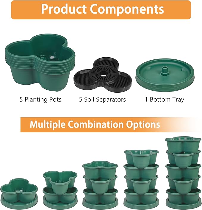 VECELO 5 Tier Vertical Garden Planter, Self Watering Stackable Planters with Wheels for Strawberries, Herbs, Flowers, Vegetables, Dark Green VECELO