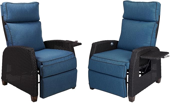 Grand patio Outdoor Reclining Chairs with Extended Footrest 2-Piece Adjustable Patio Wicker Lounge Recliner up to 150° with Flip Side Table Peacock Blue GrandPatio