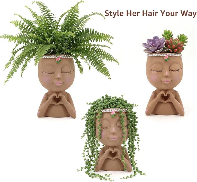 Face Planter Pot with Heart Hands, Resin Head Planter for Indoor Plants, Cute Succulent Pots with Drainage Hole, Gardening Gifts for Women Mom Teacher, 7.3" Home Decor (Brown) MeltsetM