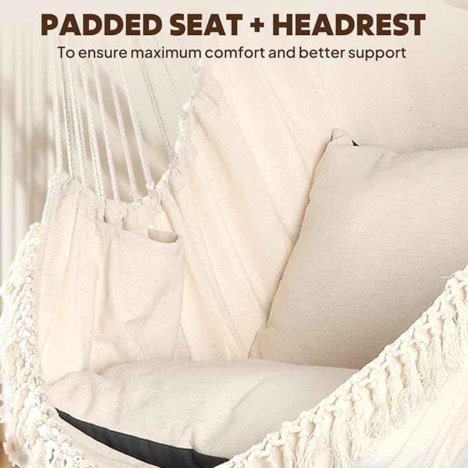 Chihee Hammock Chair 4.9ft x 3.9ft Max 500 Lbs Widen Hanging Swing 2 Cushions Included Metal Spreader Bar with Anti-Slip Grooves Portable Comfy Hanging Chair Side Pocket Bohemian Chair Indoor Outdoor Chihee