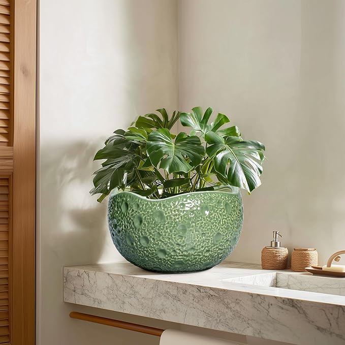 Ceramic Pots for Plants - 10 Inch Plant Pot for Indoor Outdoor, Round Bonsai Pots with Drainage Hole, Modern Planter, Decorative Flower Pot, Living Room Decor, Gifts for Plant Lovers, Green Thirtypot