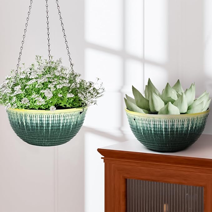 10inch Hanging Planter, 2 Pack Hanging Planters for Indoor and Outdoor Plants, Glazed Hanging Plant Holder with Drainage, Indoor Hanging Flower Pots for Garden Home (Green Glaze) LesOasis