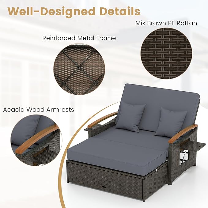 Tangkula Patio Rattan Daybed with 4-Level Adjustable Backrest, Outdoor Wicker Loveseat with Acacia Wood Armrest, Storage Ottoman & Folding Tray, Double Sunbed for Lawn Yard & Poolside, Grey & Brown TANGKULA