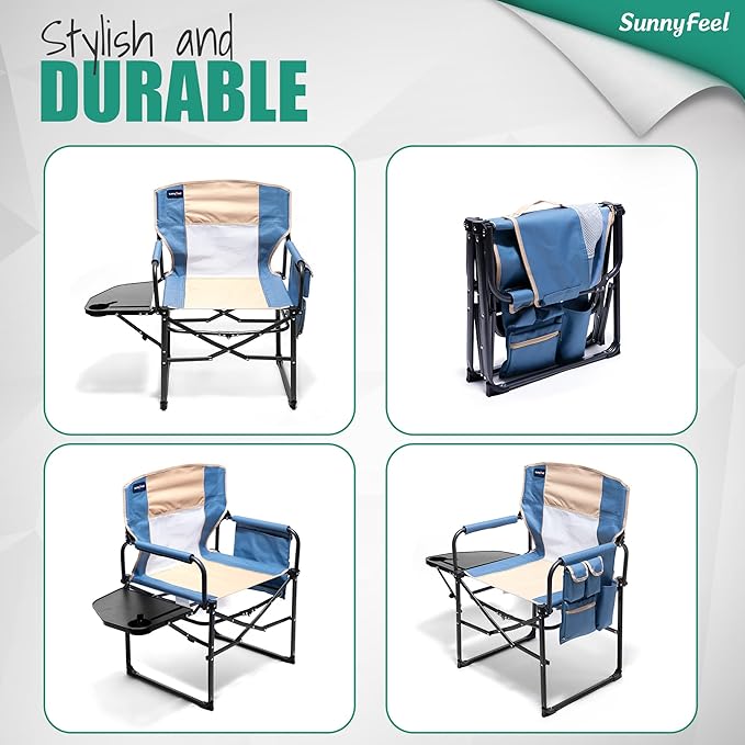 SUNNYFEEL Camping Directors Chair, Heavy Duty,Oversized Portable Folding Chair with Side Table, Pocket for Beach, Fishing,Trip,Picnic,Lawn,Concert Outdoor Foldable Camp Chairs SunnyFeelCamping