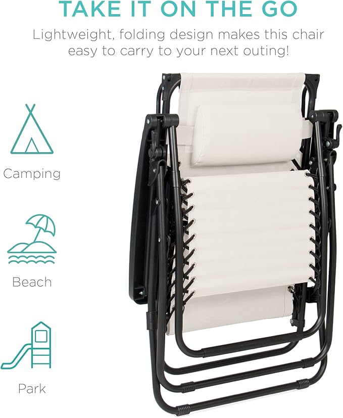 Best Choice Products Folding Zero Gravity Outdoor Recliner Patio Lounge Chair w/Adjustable Canopy Shade, Headrest, Side Accessory Tray, Textilene Mesh - Ivory BestChoiceProducts