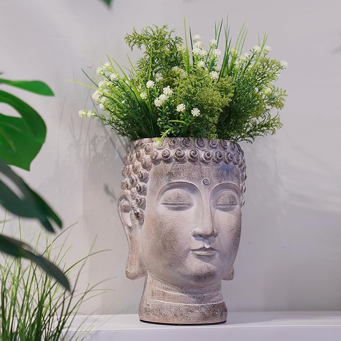 Buddha - Face Flower Pot - Head Planters - Garden Statue - Cactus Succulents Planter Pot Indoor Outdoor Planter with Drainage Hole Unique Garden Farmhouse Decor 6.25*6.5*8.25 Inch Newman House Studio NewmanHouseStudioLLC