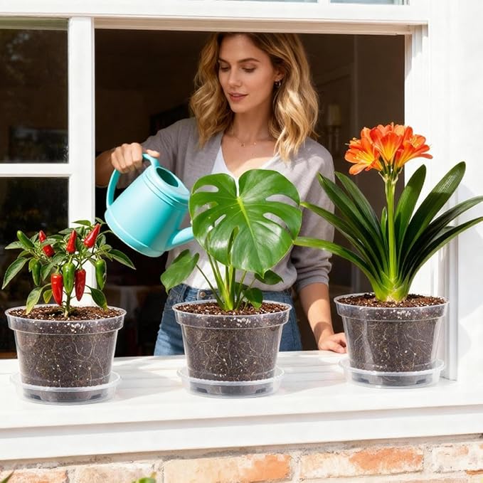 10 Pack 10 Inch Clear Nursery Pots with Saucers, Transparent Sturdy Plastic Plant Pots, Large Gardening Pots with Drainage Hole, Planting Starter Pot for Indoor Outdoor Flowers Herbs Vegetables RooTrimmer