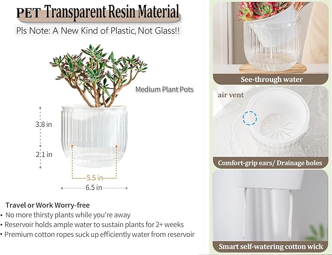 Melphoe Self Watering Pots for Indoor Plants Planter, 6.5 Inch 2 Pack Planters Self Watering Plant Pots for Flower, Houseplants, Succulent, African Violets and Cactus with Drainage Melphoe