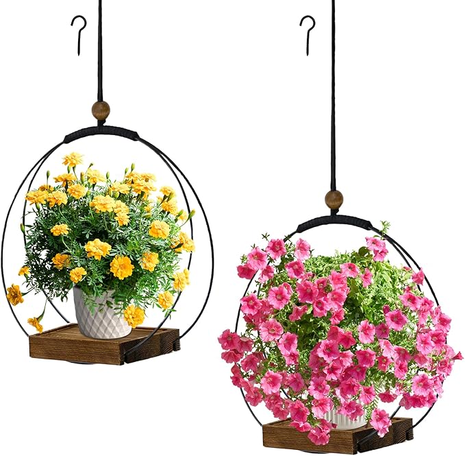 2 Pack Hanging Planter for Indoor Plants, Black Plant Hanger with Sturdy Wood Base, Modern Boho Macrame Hanger, Wall Ceiling Window Planter (Plants/Pots Not Included) hismocal