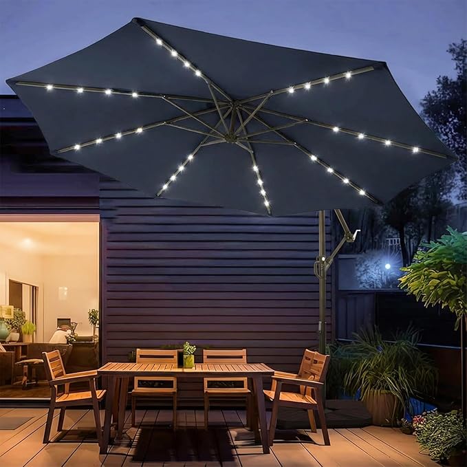wikiwiki 10ft Solar LED Patio Umbrella with Base Included, Offset Umbrella with Weighted Sandbag Base, Cantilever Patio Umbrella for Backyard, Garden & Deck, 32 LED Lights & Polyester Shade, Navy Blue WikiwikiPatioUmbrellas