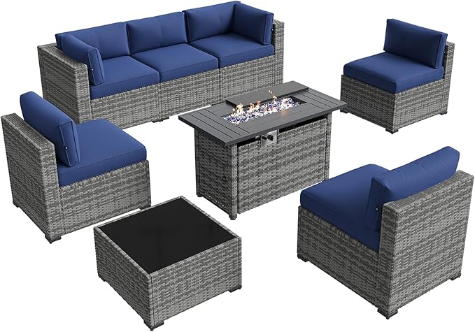 Aoxun Patio Furniture Sets, 8-Piece Outdoor Patio Furniture with 44'' Propane Gas Firepit Table, Wicker Outdoor Conversation Set Sectional Sofa for Backyard, Poolside, Garden Aoxun