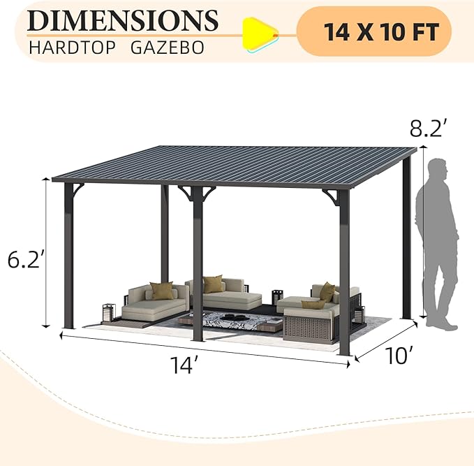 AECOJOY 14' x 10' Outdoor Hardtop Gazebo Pergola for Patio, 10x14 Large Galvanized Steel Heavy Duty Lean to Wall-Mounted Pergolas and Gazebos Clearance, Metal Patio Roof Awnings for Backyard, Decks AECOJOY
