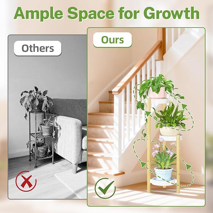 iDavosic.ly 3 Tier Bamboo Plant Stand Indoor Outdoor with Plastic Tray, Tiered Corner Flower Holder Shelf, Space Saving Orchid Display Rack for Patio Porch Living Room Garden Balcony, Natural White iDavosicly