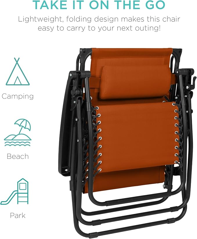 Best Choice Products 30” Wide Folding Zero Gravity Outdoor Recliner Patio Lounge Chair w/Adjustable Canopy Shade, Headrest, Side Accessory Tray - Burnt Orange BestChoiceProducts
