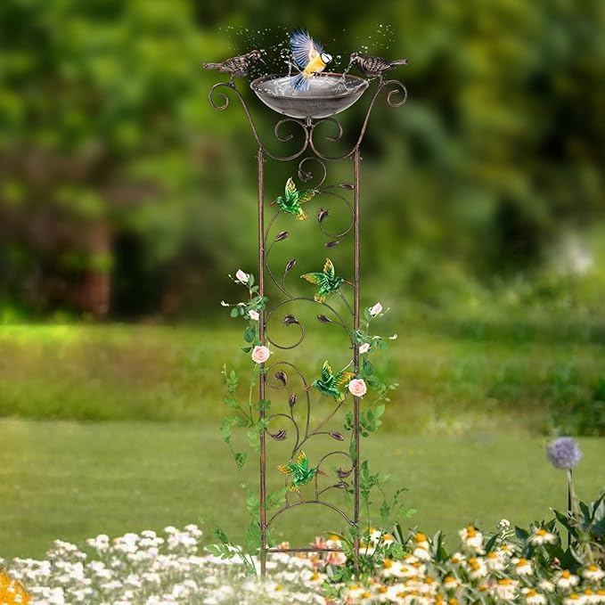 SUNNYPARK Antique Garden Iron Trellis with Decorative Hummingbirds Detachable Bird Bath Bowl Metal Potted Plant Support for Climbing Flowers SUNNYPARK
