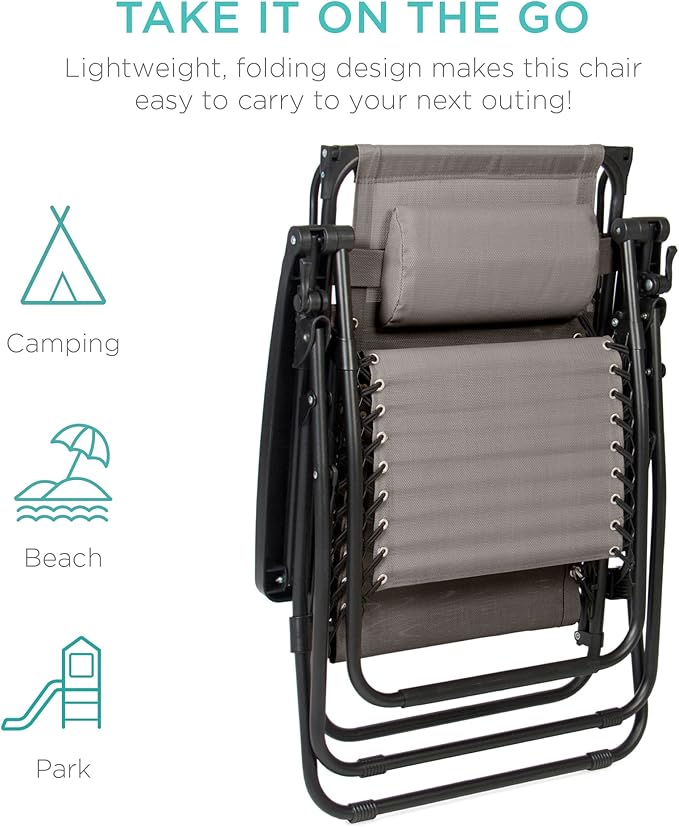 Best Choice Products Folding Zero Gravity Outdoor Recliner Patio Lounge Chair w/Adjustable Canopy Shade, Headrest, Side Accessory Tray, Textilene Mesh - Ice Gray BestChoiceProducts