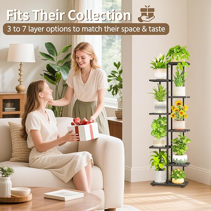 LASZOLA 7 Tier Plant Stand Indoors Outdoors for Large Heavy Duty Planter, Black Metal Tall Flower Holder Rack with Multiple Shelf for Modern Patio Corner, Vertical Organizer, Weather Resistant Bracket LASZOLA