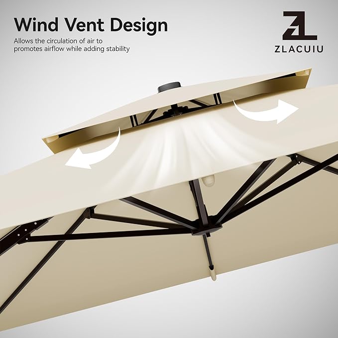 9x12FT Beige Cantilever Outdoor Patio Umbrella with Base, Large Rectangular Offset Design, Double Top Heavy Duty Aluminum Frame & 360° Rotation for Pool Garden Deck Backyard ZLACUIU