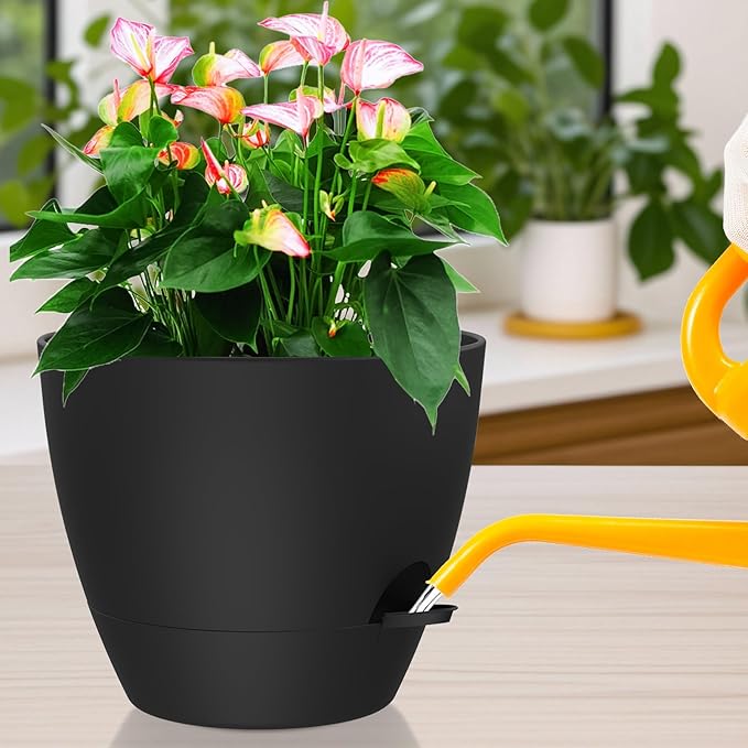 12 Inch Large Self Watering Pots, Flower Pots with Multi-Mesh Drainage Holes and Saucer, Planters for Indoor and Outdoor Garden Plants (Black) Rootora