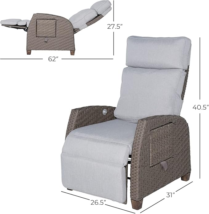 Grand patio Indoor & Outdoor Recliner Chair PE Wicker Patio Recliner with Flip Table Reclining Lounge Chair, Mist Grey GrandPatio