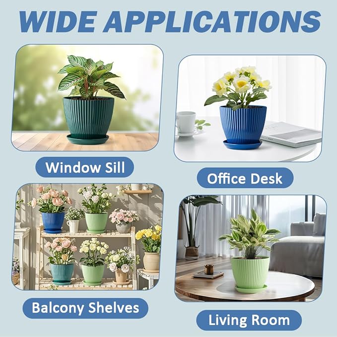 Plastic Plant Pots, 6 Pack 7.5 Inch Flower Pots with Drainage Holes and Saucer, Planters for Indoor Outdoor Plants, Stylish Decor for Home and Garden(Blue, Green, Dark Green) RooTrimmer