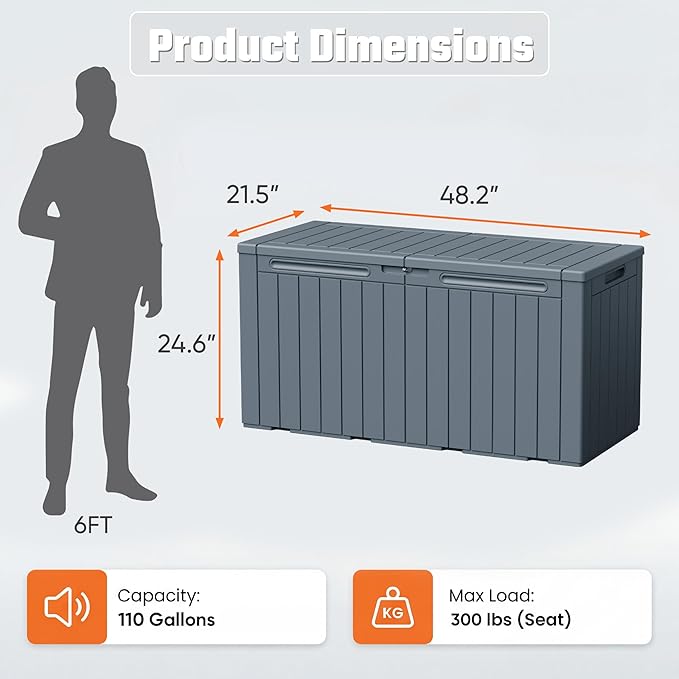 Greesum 110 Gallon Outdoor Storage Box with Lockable Lid, All-Weather Solution for Patio Furniture, Pool Supplies & Garden Tools, Waterproof, UV-Resistant Large Deck Box, Gray BuynowfromGreesum