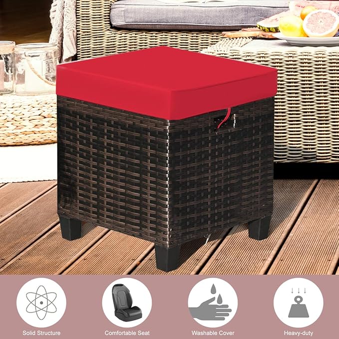 Tangkula 2 Pieces Outdoor Patio Ottoman, All Weather Rattan Wicker Ottoman Seat, Patio Rattan Furniture, Outdoor Footstool Footrest Seat w/Removable Cushions TANGKULA