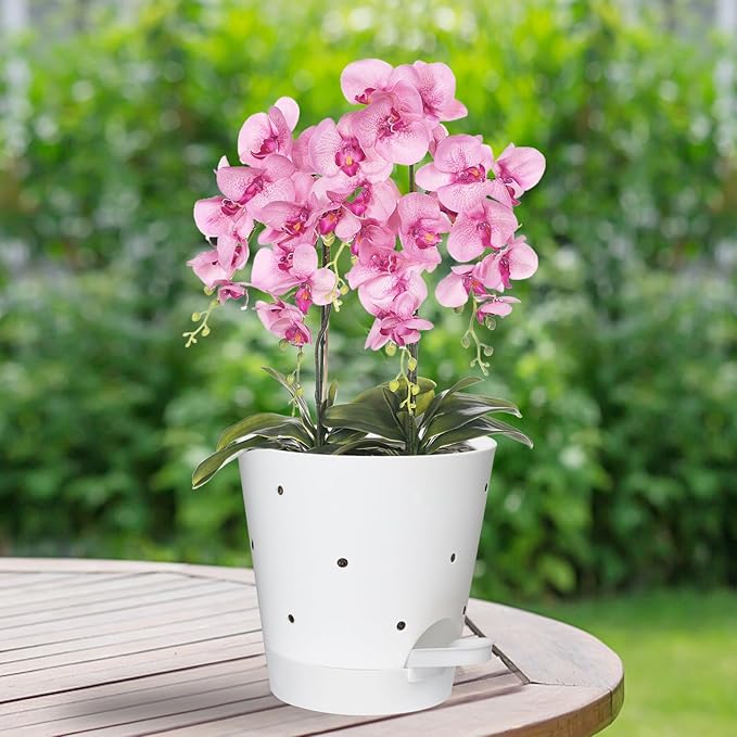 Orchid Pots with Holes, 6 Inch Self Watering Orchid Pot 2 Pack Plastic Plant Pots for Orchid, Flower (White) Vanslogreen