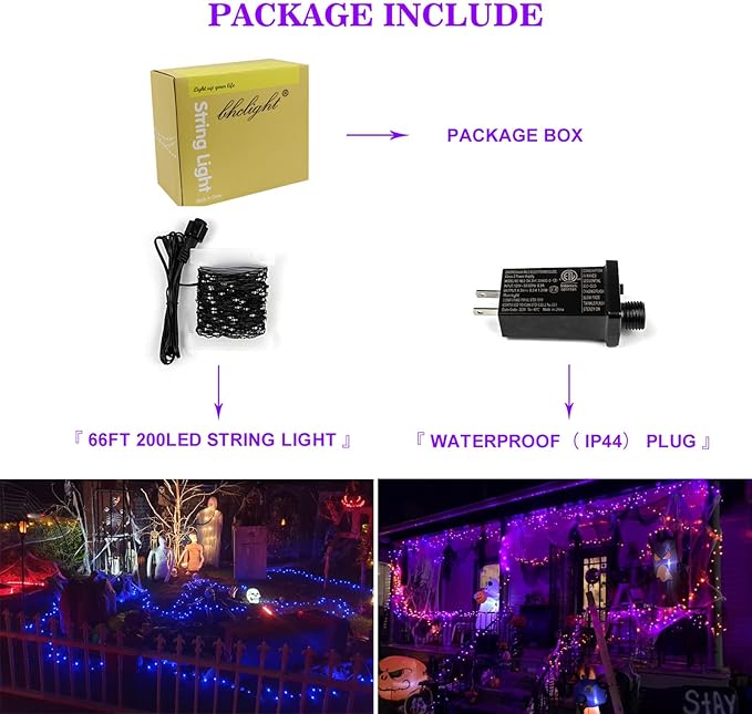 66Ft 200 LED Halloween Fairy Lights Plug in, 8 Modes String Lights with Timer for Outdoor & Indoor, Waterproof Twinkle Lights for Bedroom Garden Party Carnival Supplies Halloween Decorations (Purple) BHCLIGHT