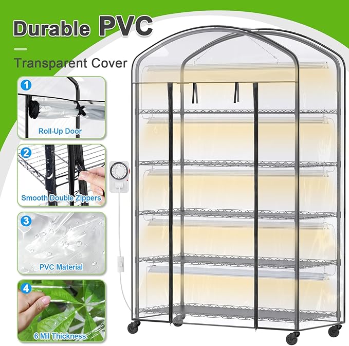 Abimars 5-Tier Greenhouse with Grow Light, Shelf Height Adjustable Metal Plant Shelf with PVC Cover and Wheels, Includes 5-Pack 2900K Full Spectrum Plant Lights, 21x60x80inch Abimars