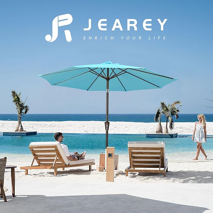 JEAREY 9FT Patio Umbrellas Outdoor Table Umbrella with Push Button Tilt and Crank, Market Umbrella 8 Sturdy Ribs UV Protection Waterproof for Garden, Deck, Backyard, Pool (Sky Blue) JEAREYOutdoorsCollection