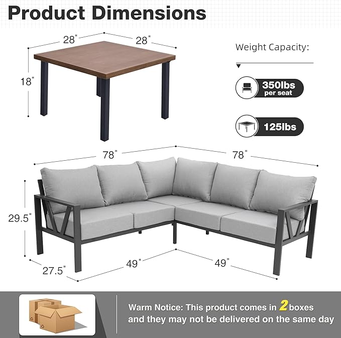 Outdoor Furniture Set, 6 Pieces Outdoor Couch Sectional, L Shaped Metal Patio Corner Sofa with 6” Thick Cushions, Patio Seating Conversation Set, Light Grey COMLAXFIELD