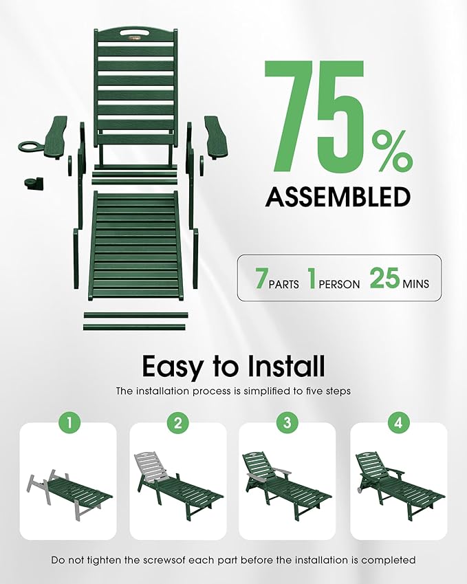 Chaise Lounge Outdoor, Lounge Chair Outdoor with Wood Texture, Adjustable 5-Position Backrest, HDPE Lounge Chair with Wheels & Cup Holder for Pool Deck Backyard, Green Suunyn