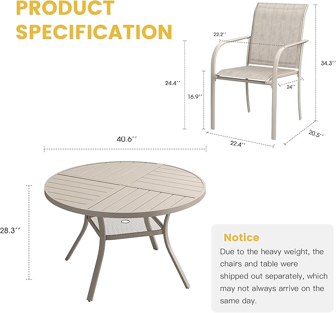 VICLLAX Patio Table and Chair Set of 4, All Weather Metal Round Outdoor Dining Furniture Set-40.6" Round Outdoor Table and Chairs, Sandshell Tabletop HOME