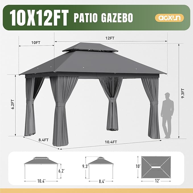 Aoxun Outdoor Gazebo for Patio 10x12, Metal Frame Canopy with Double Roofs, Heavy Duty Party Tent and Shelter with Mosquito Netting and Privacy Screen for Backyard, Lawn, Garden, Deck Aoxun
