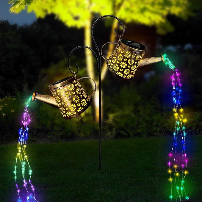 Solar Watering Can Lights Outdoor, IP65 Waterproof Garden Decor Solar Garden Light 8 Multi-Color Changing Modes One Pole Two Lights Outdoor Decorations for Yard, Lawn, Patio WITOROR