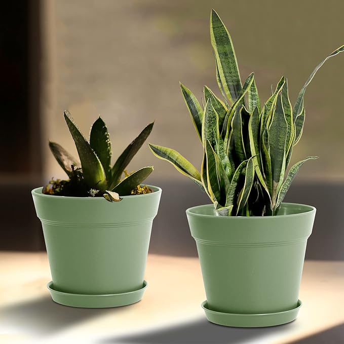 WOUSIWER 16 Pack 6 inch Plastic Planters, Plastic Indoor Planter Flower Pots, Heavy Duty and Stylish 6 Inch Plant Pots for Indoor Plants with Drainage Holes and Tray for Plants Flowers, Green WOUSIWER