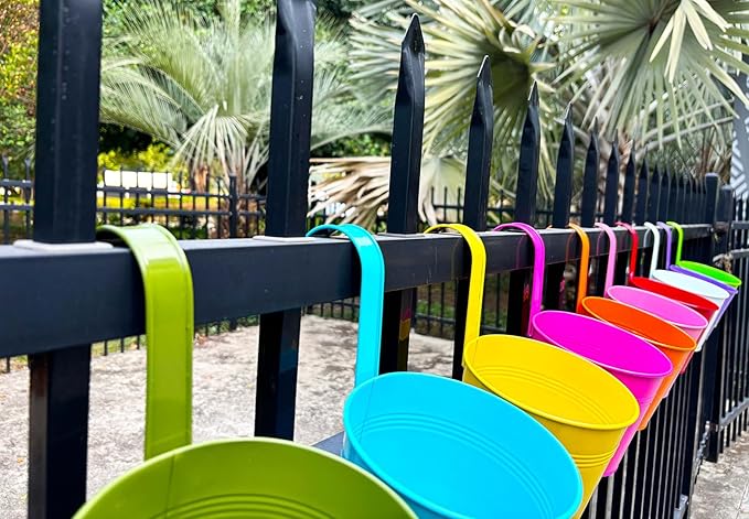 6 Inch Hanging Planters for Outdoor Plants, 10 Pack Metal Railing Planter, Rail Balcony Fence Flower Pot with Detachable Hooks, Colorful Garden Decor JOYFERNAL
