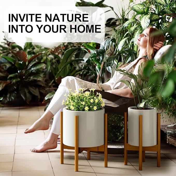 MUDEELA Plant Stand for Indoor Plants: Adjustable Width Fits 8-12 Inch Pots - Mid-century Modern Bamboo Plant Stand - 14.5 Inch Single Tier Small Floor Plant Holder, Pale Brown, 1 Pack (Without Pot) MUDEELA