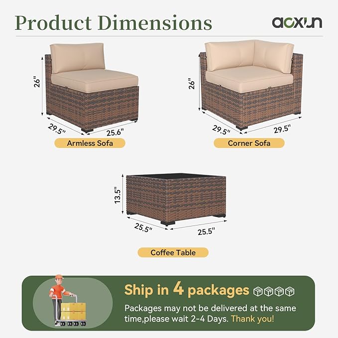 Aoxun 14 Piece Patio Furniture Set Wicker Rattan Patio Conversation Set Outdoor Sectional Sofa Set with Coffee Table and Thickened Cushions, Beige(Waterproof Cover Included) Aoxun