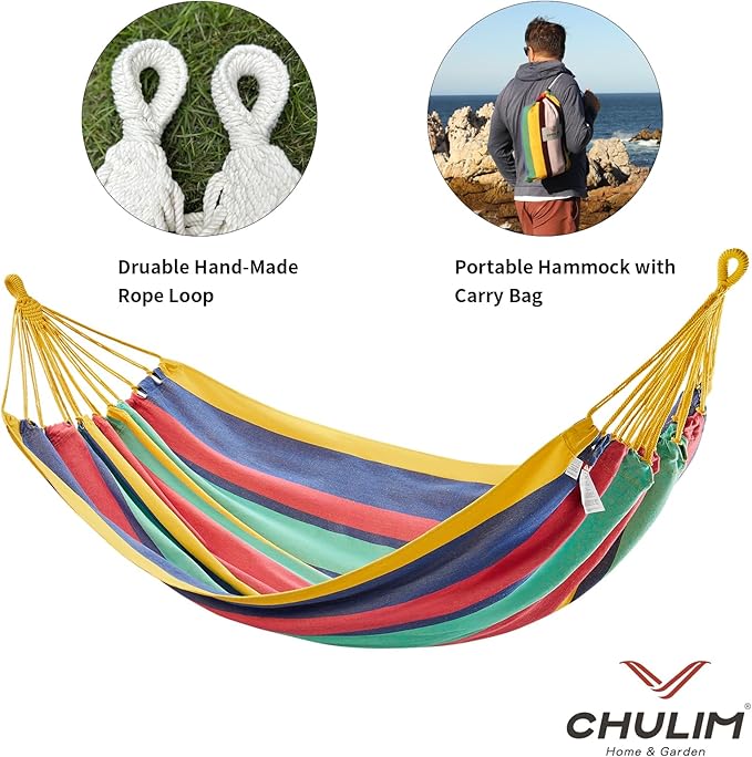 Brazilian Double Hammock with Tree Straps,Extra Large 94x63IN,2 Persons Hammock for Backyard Patio Outdoor and Indoor,450lbs Weight Capacity,Soft Woven Cotton Fabric - Aqua Bule Stripe CHULIM