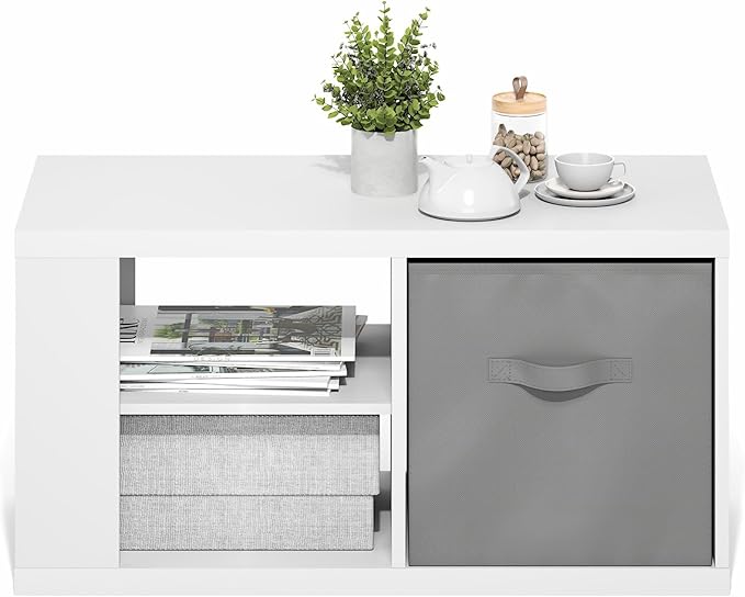 Furinno Viola Coffee Table, 3-Tier Modern Coffee Table with 1.2 Thick Tabletop, Side Table with Open Shelf and Storage Bin, for Living Room, Bedroom, Home Office, White/Light Grey Furinno-FitsYourSpaceFitsYourBudget
