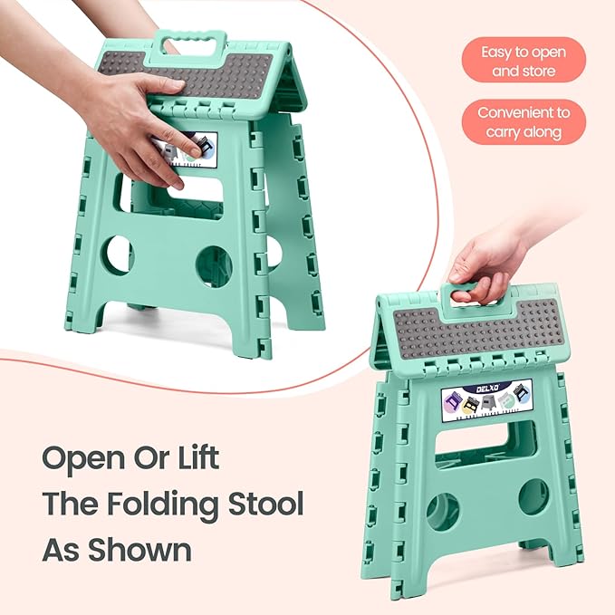 Delxo Folding Step Stool 13 Inch Non-Slip Foldable Stools for Kids & Adults Up to 300 LBS Kitchen Collapsible Fold Up Stepping Stool with Dotted 1 Pack Green Delxo