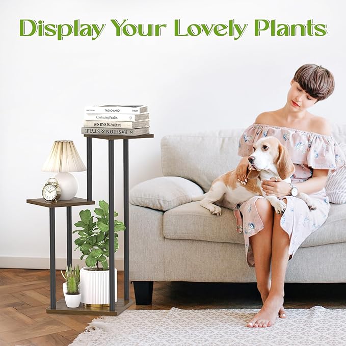 3 Tier Plant Stand Indoor Outdoor, Wood Metal Flower Shelf Pot Holder Clearance, Tall Multiple Plants Corner Rack Aesthetic Organizer for Patio Orchid Office Porch Living Room Garden, Black Oak Oppro