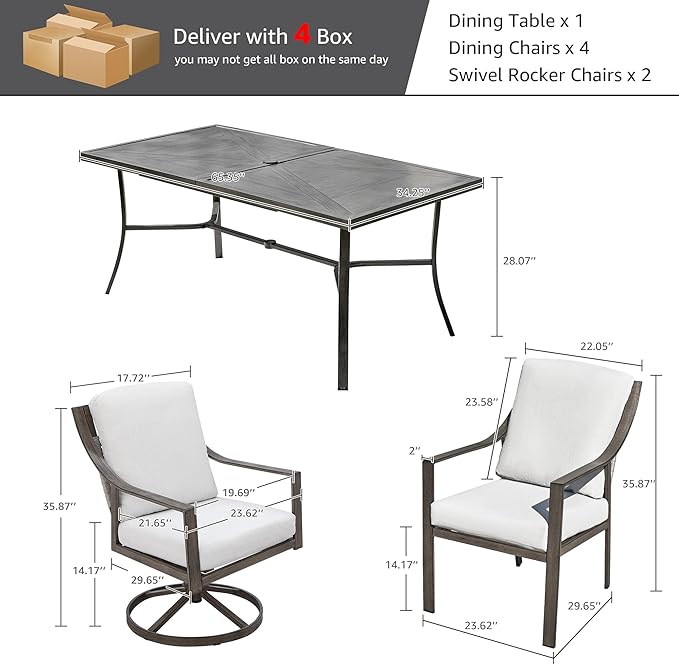 NATURAL EXPRESSIONS 7 Piece Patio Dining Table Outdoor Furniture Set for 6, 4Pcs Fixed and 2Pcs Swivel Patio Dining Chairs with Olefin Cushions, 65”Large Dining Table with Umbrella Hole NaturalExpressions