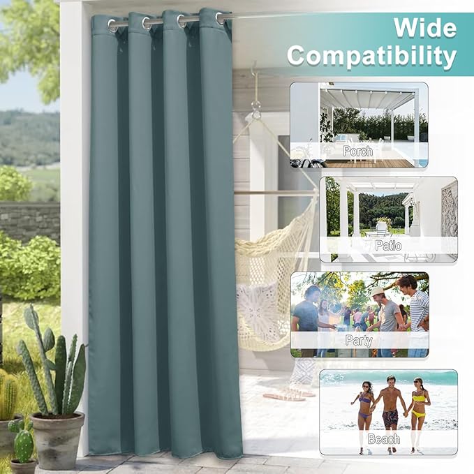 NICETOWN Greyish Blue Outdoor Curtains for Patio Waterproof, Thermal Insulated Rustproof Grommet Blackout Indoor Outdoor Gazebo Curtains Window Treatments for Outdoor Events, W52 x L84, 1 Panel NICETOWN